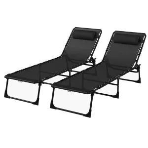 2 Pcs Folding Sun Lounger Beach Chaise Chair Garden Cot Camping Recliner with 4 Position Adjustable Black