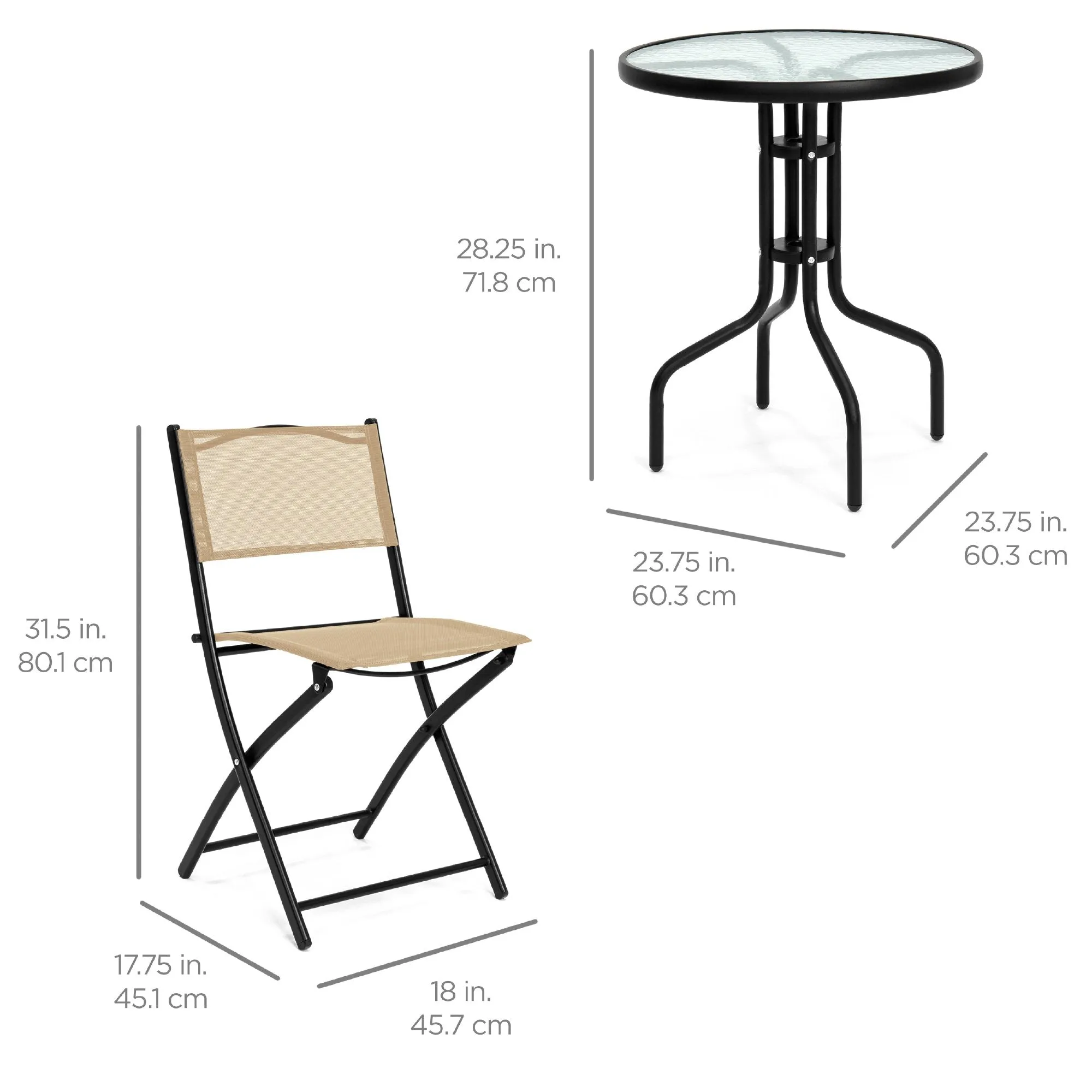 3-Piece Bistro Set w/ Glass Table, 2 Foldable Chairs