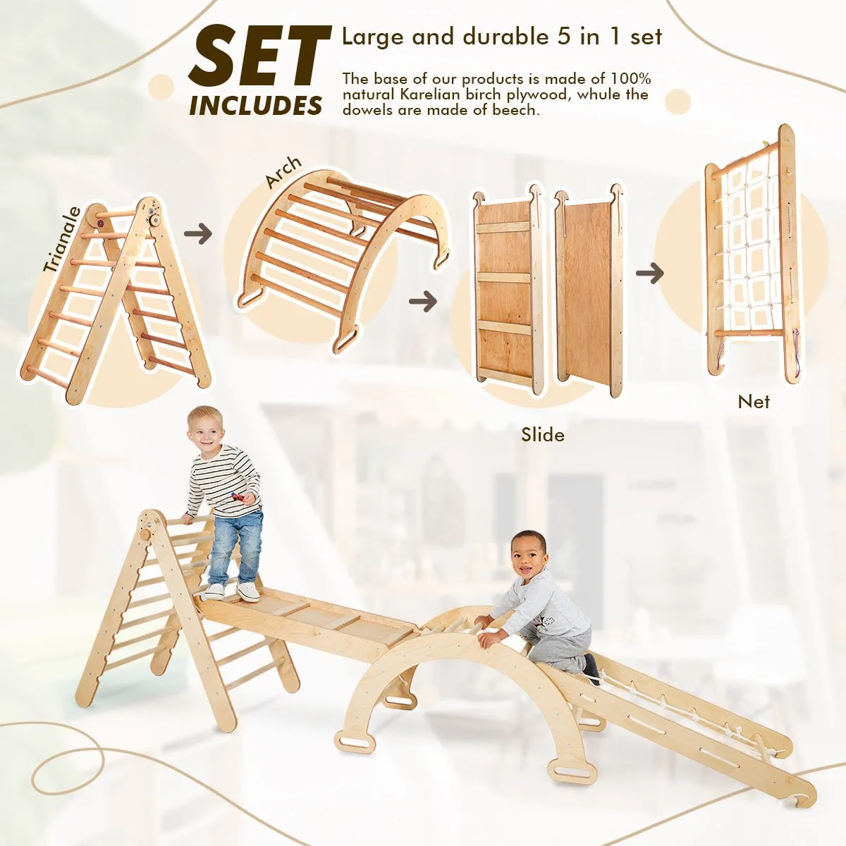 4in1 Montessori Climbing Frame Set: Triangle Ladder   Arch/rocker   Slide Board/ramp   Netting Rope