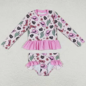 Baby Girls Swimsuits Pink Western Long Sleeve Top Bummie Swimsuits S0262