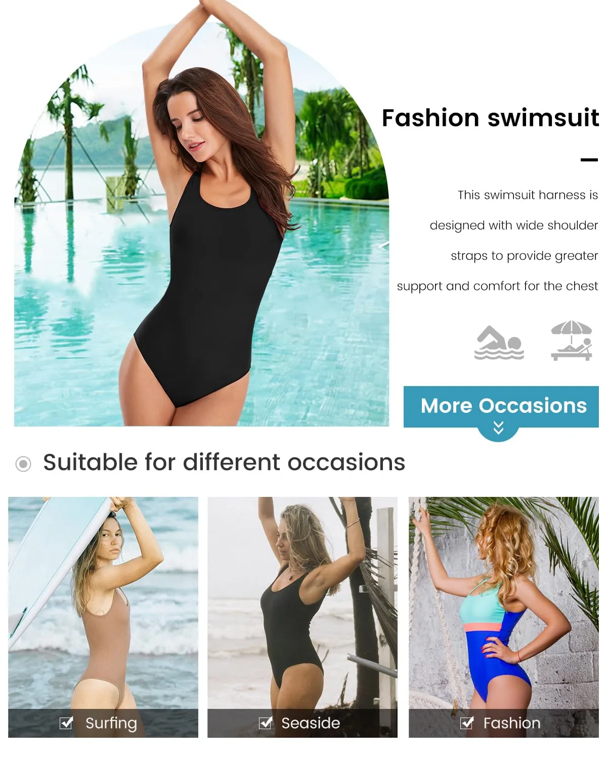 CORTUBO One Piece Swimsuits for Women Athletic Training Swimsuits Black Large