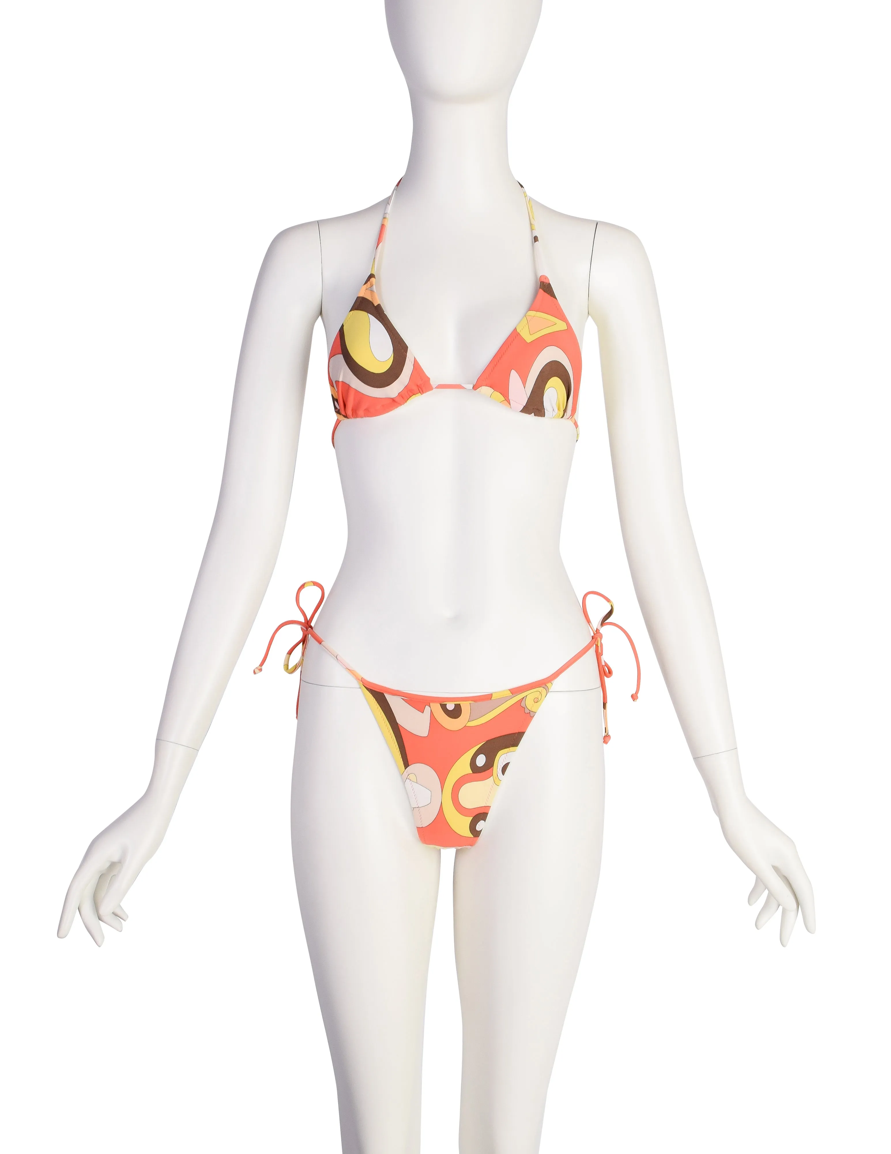 Emilio Pucci Vintage Salmon Brown Yellow Psychedelic Print Two Piece Bikini Swimsuit