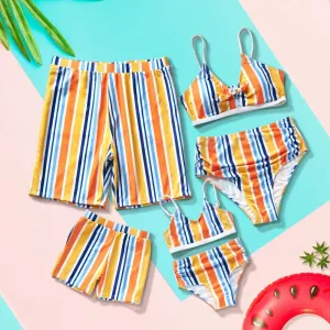 Family Matching Swimsuit Girls Rainbow Color Block Bowknot Swimsuit