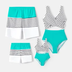 Family Matching Swimsuits Striped Spliced One-piece Swimsuit Colorblock Swim Trunks