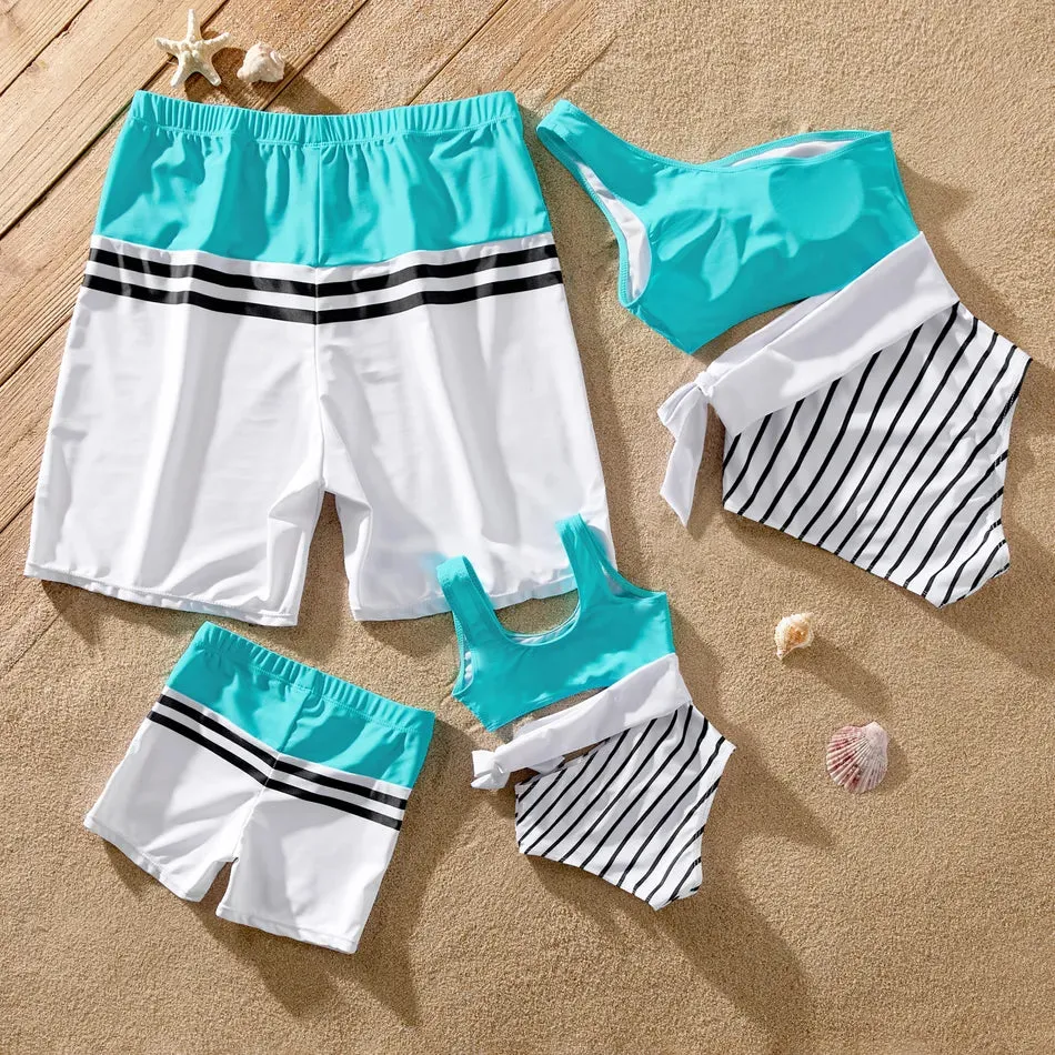 Family Matching Swimsuits Striped Spliced One-piece Swimsuit Colorblock Swim Trunks