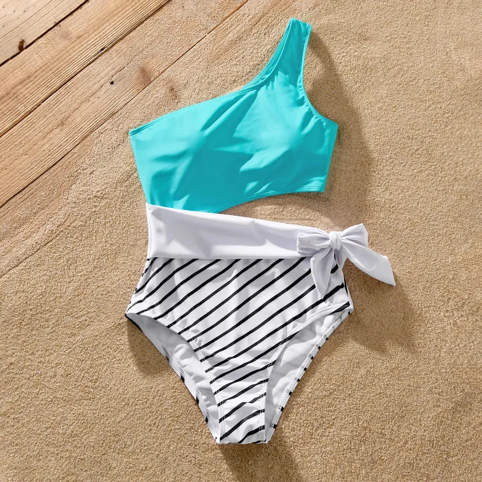 Family Matching Swimsuits Striped Spliced One-piece Swimsuit Colorblock Swim Trunks