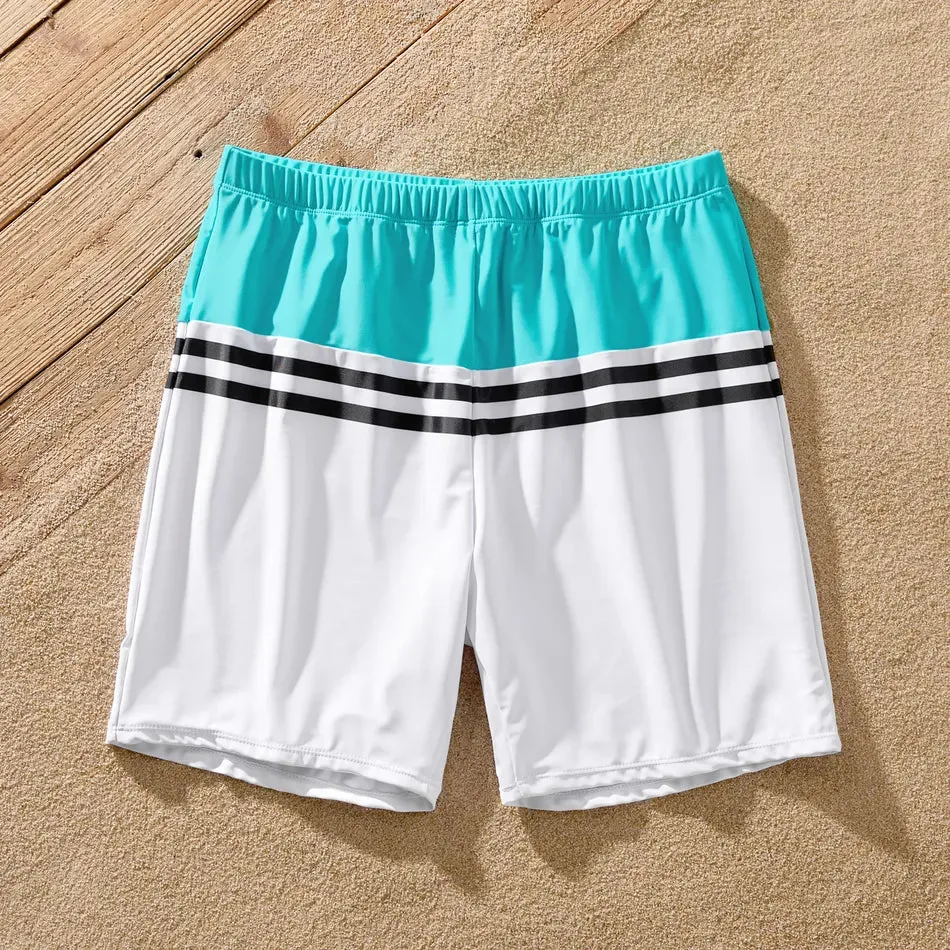 Family Matching Swimsuits Striped Spliced One-piece Swimsuit Colorblock Swim Trunks