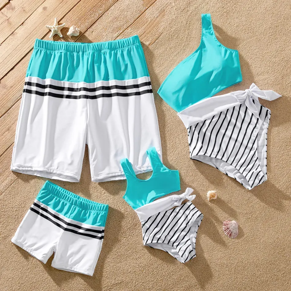 Family Matching Swimsuits Striped Spliced One-piece Swimsuit Colorblock Swim Trunks