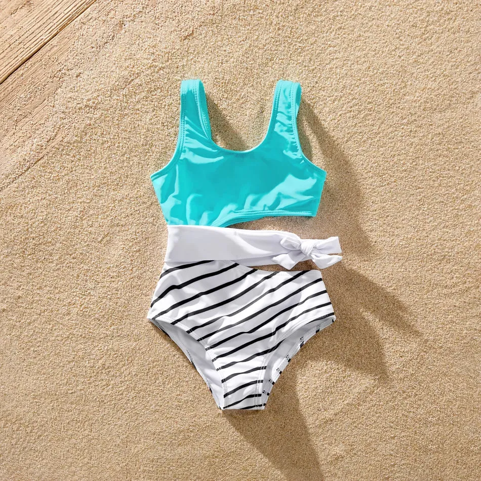 Family Matching Swimsuits Striped Spliced One-piece Swimsuit Colorblock Swim Trunks