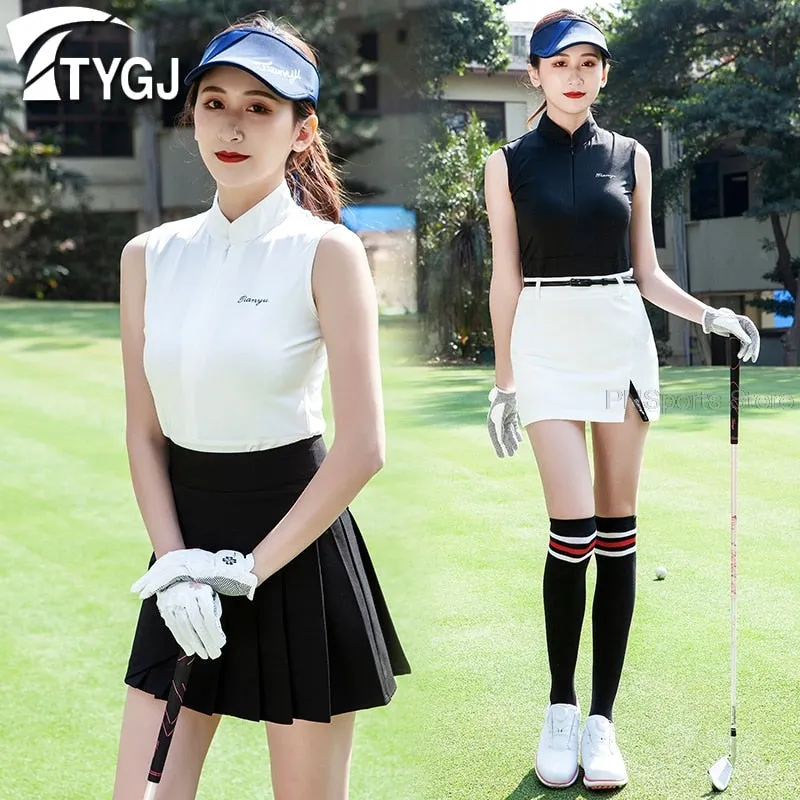 Golf Clothes Ladies Skirt Set Women Sleeveless Slim Top Shirts Pleated Skirts Tennis Badminton Dry Fit Skirt