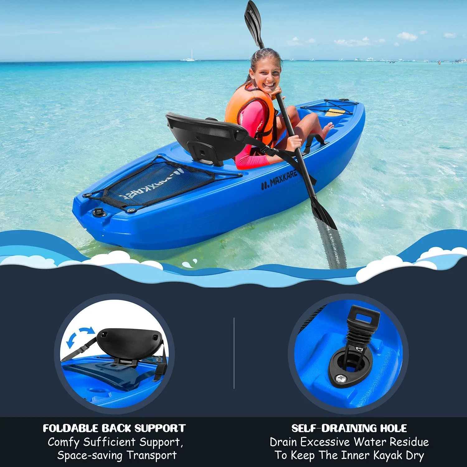 Kids Kayak with Paddle & Seat Youth Kayak Sit-On-Top Kayak Foldable 6ft Kayak with Cup Holders Front & Rear Storage Hatches for Ages Years 5 and Up Capacity 121 lbs Blue