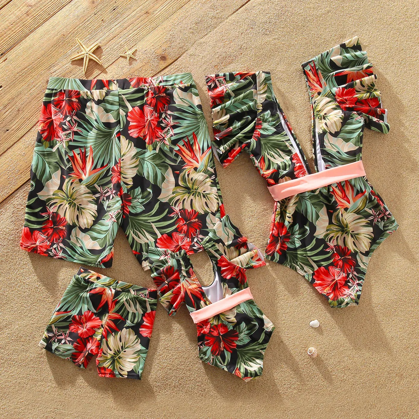 Matching Family Swimsuits Floral Print Red Waist Belt One-piece Bathing Suit