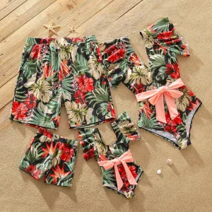 Matching Family Swimsuits Floral Print Red Waist Belt One-piece Bathing Suit