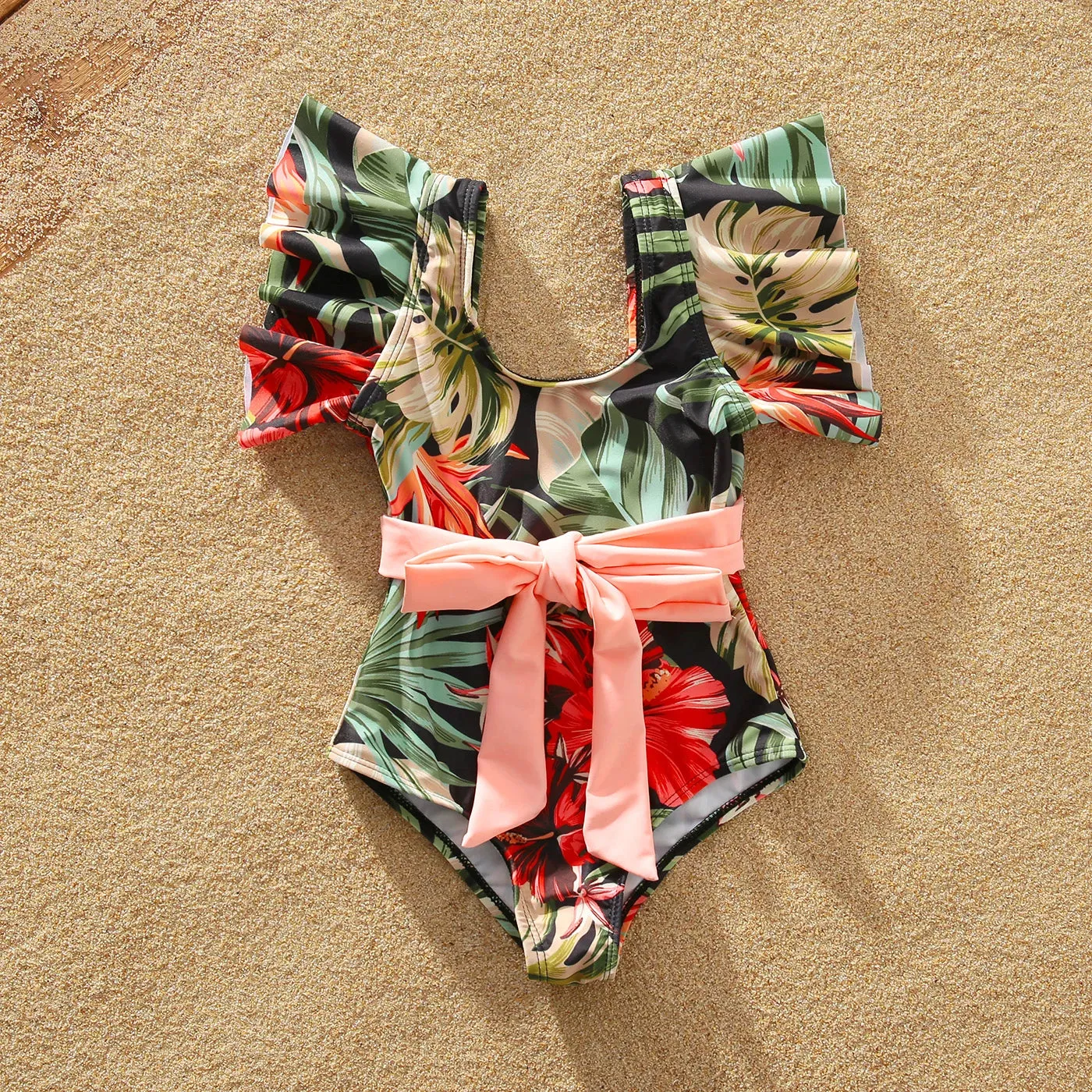 Matching Family Swimsuits Floral Print Red Waist Belt One-piece Bathing Suit