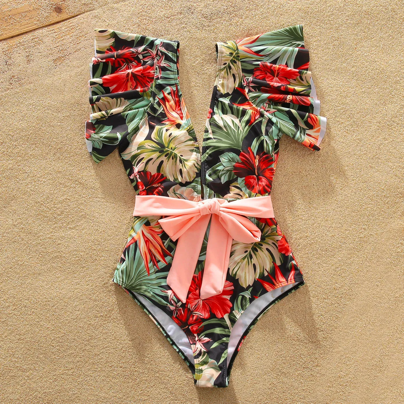 Matching Family Swimsuits Floral Print Red Waist Belt One-piece Bathing Suit