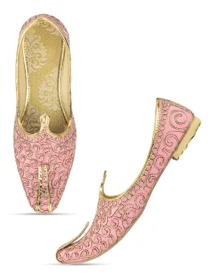 Men's Indian Ethnic Party Wear Pink Embroidered Footwear - Desi Colour