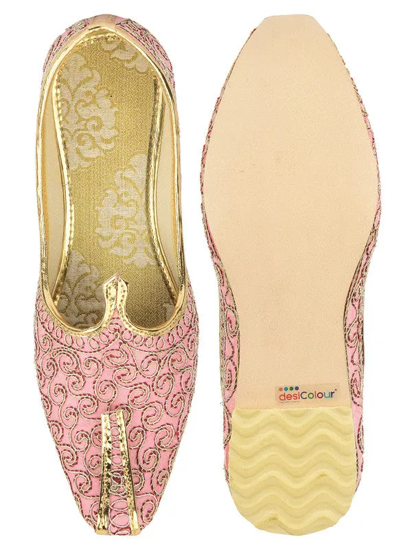 Men's Indian Ethnic Party Wear Pink Embroidered Footwear - Desi Colour