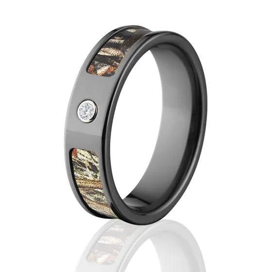 Mossy Oak Duck Blind Camo Rings, Camouflage Wedding Bands, Duck Blind Black Zirconium Camo ring w/ D