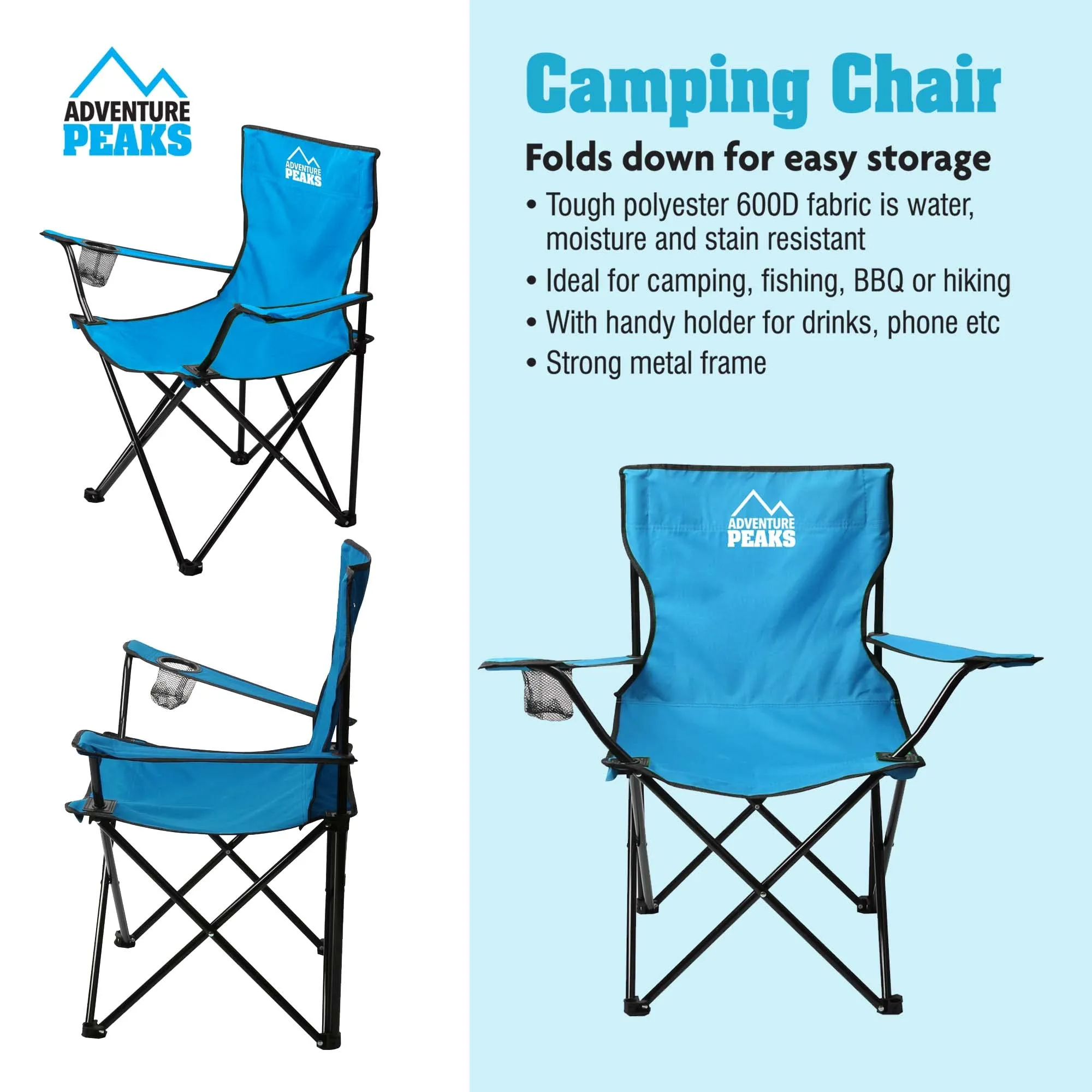 Set of 2 Folding Camping Comfortable Arm Chair with Drink Holder & Carry Bag Outdoor Chairs For Fishing Park Picnic Garden BBQ Beach H80cm x W80cm x D48cm (Set of 2 Blue Camping Chairs 1435)