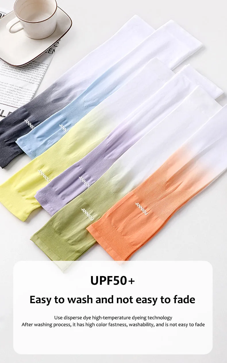 Sidiou Group Gradient Color Summer Ice Silk Arm Sleeves with Finger Slot for Girls UV Protection Driving Cycling Anti-mosquito Arm Sleeves