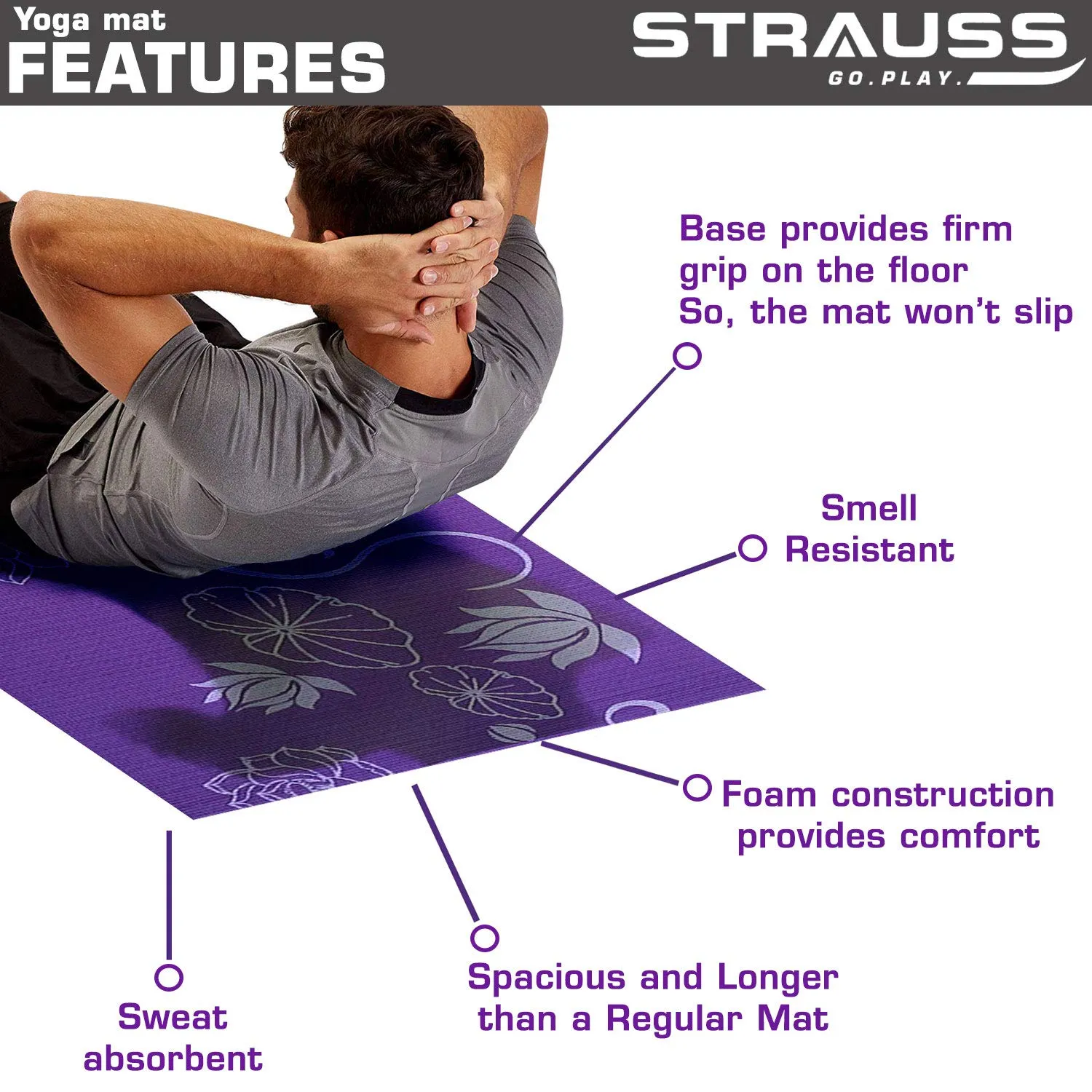 Strauss Yoga Mat 6MM (Floral Orange) and Yoga Mat Strap, (Purple)