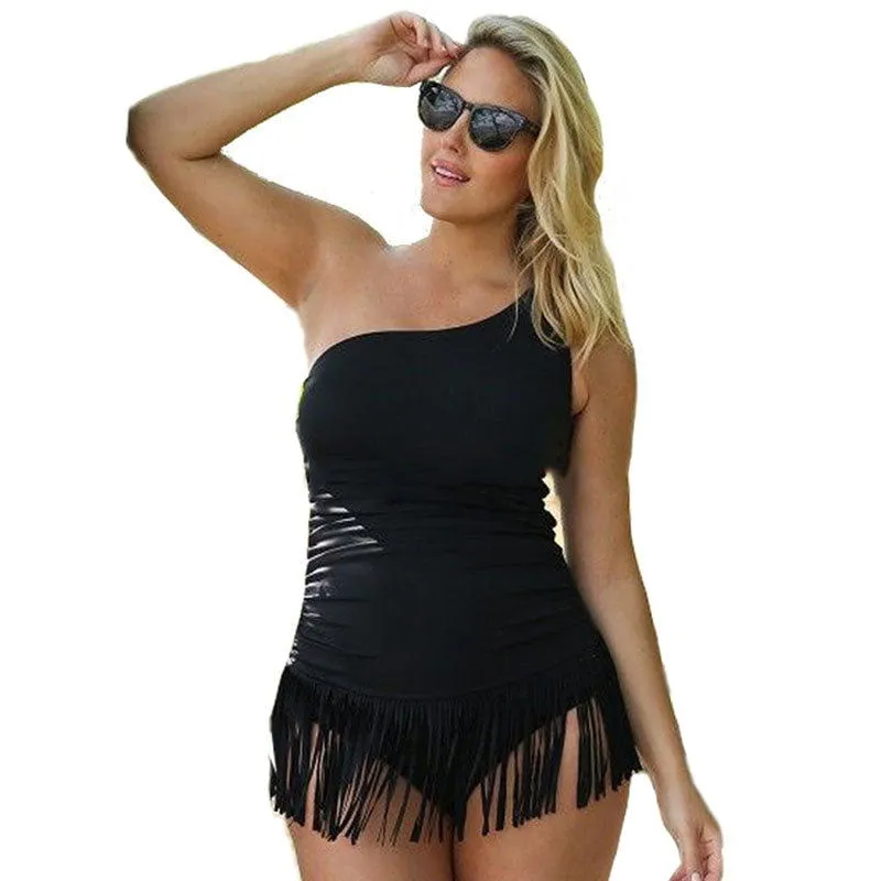 Tassel Design One Shoulder Backless One Piece Swimsuits