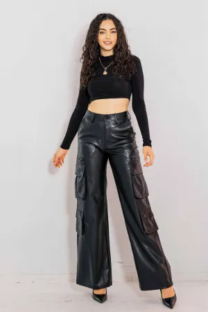 Vegan Leather Cargo Wide Leg Pants