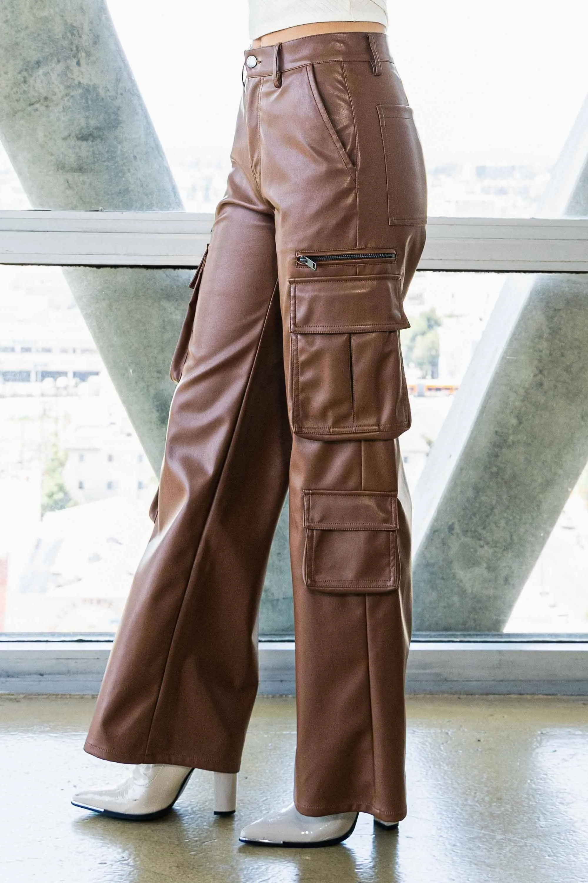 Vegan Leather Cargo Wide Leg Pants