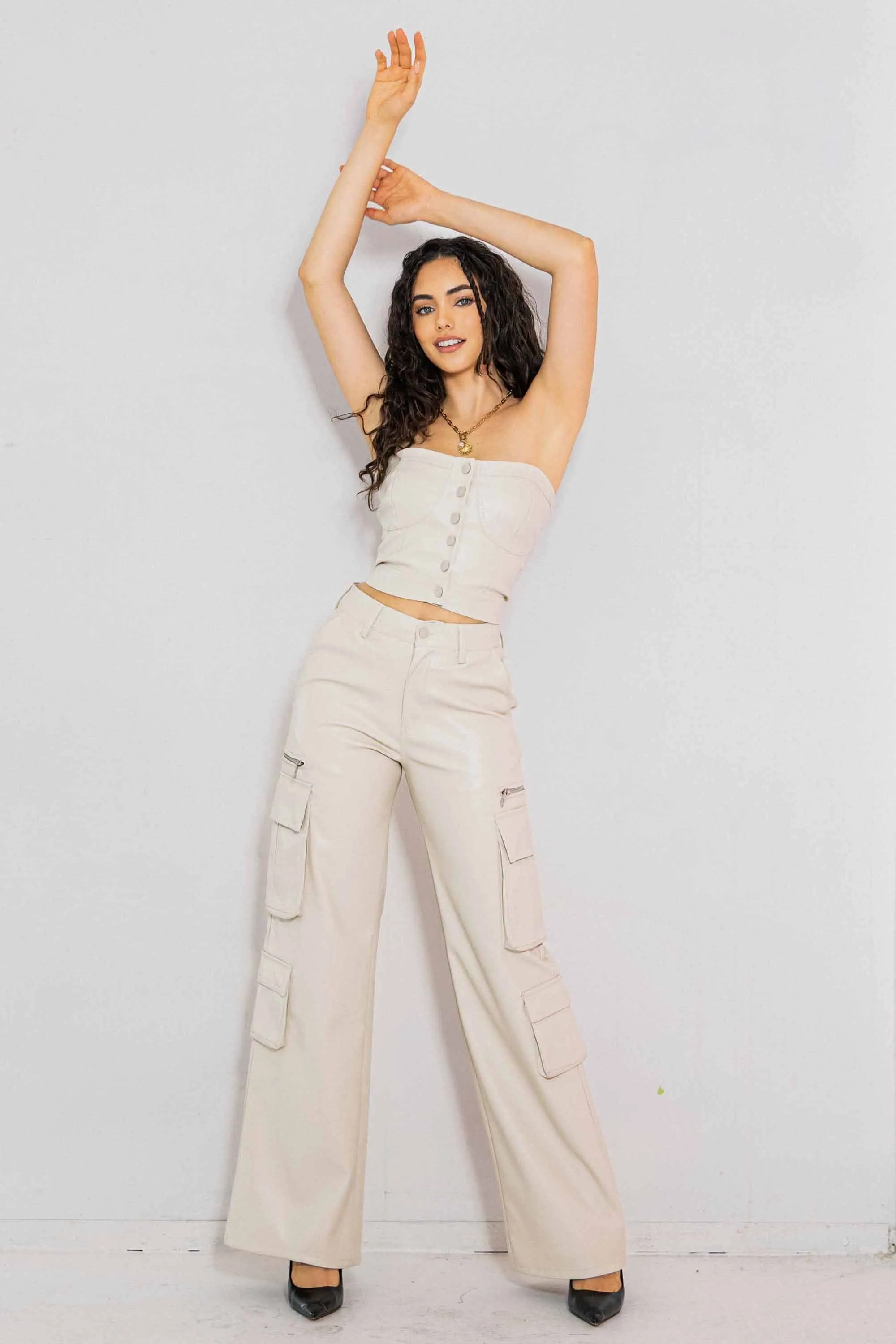 Vegan Leather Cargo Wide Leg Pants