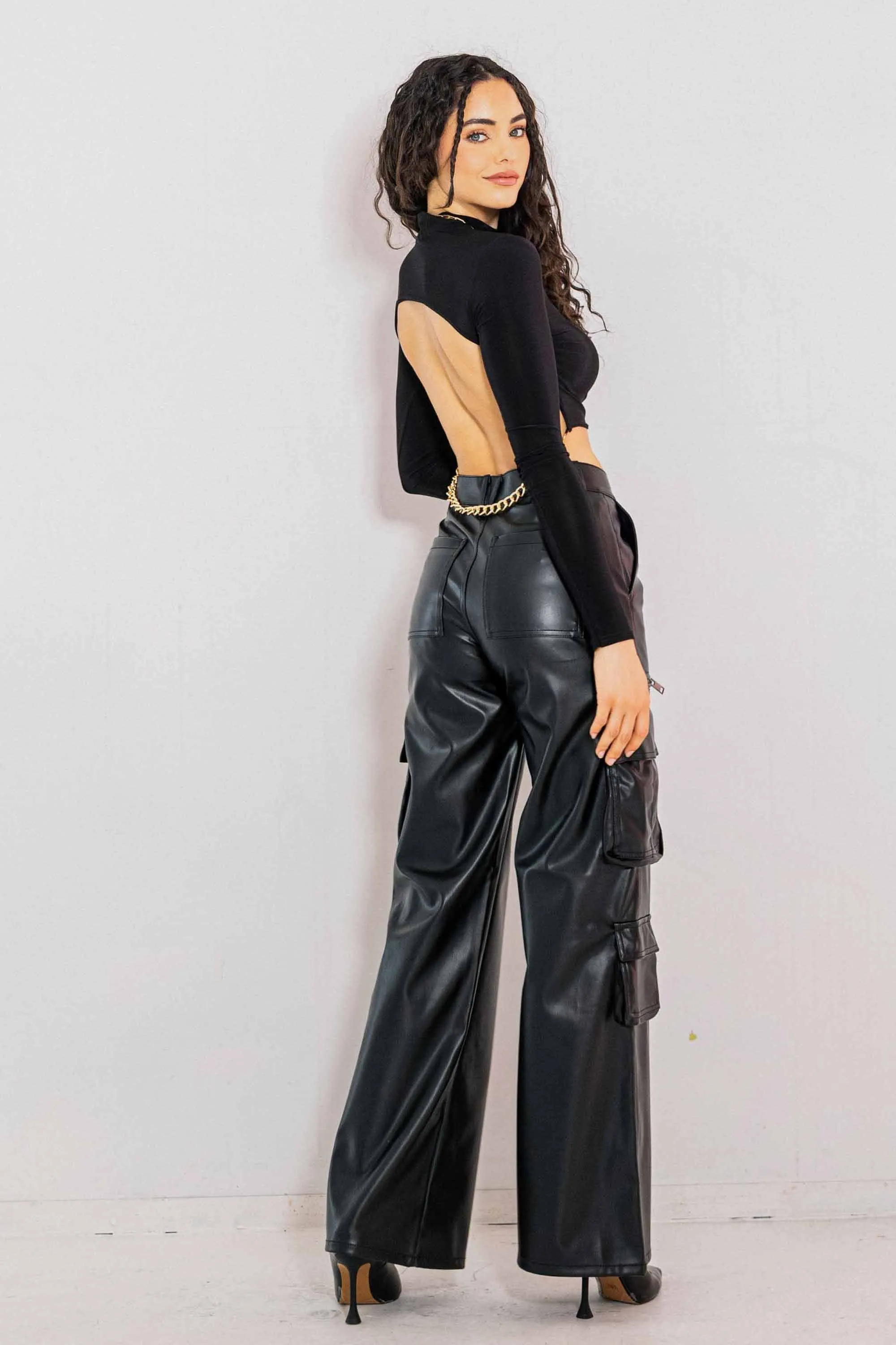 Vegan Leather Cargo Wide Leg Pants