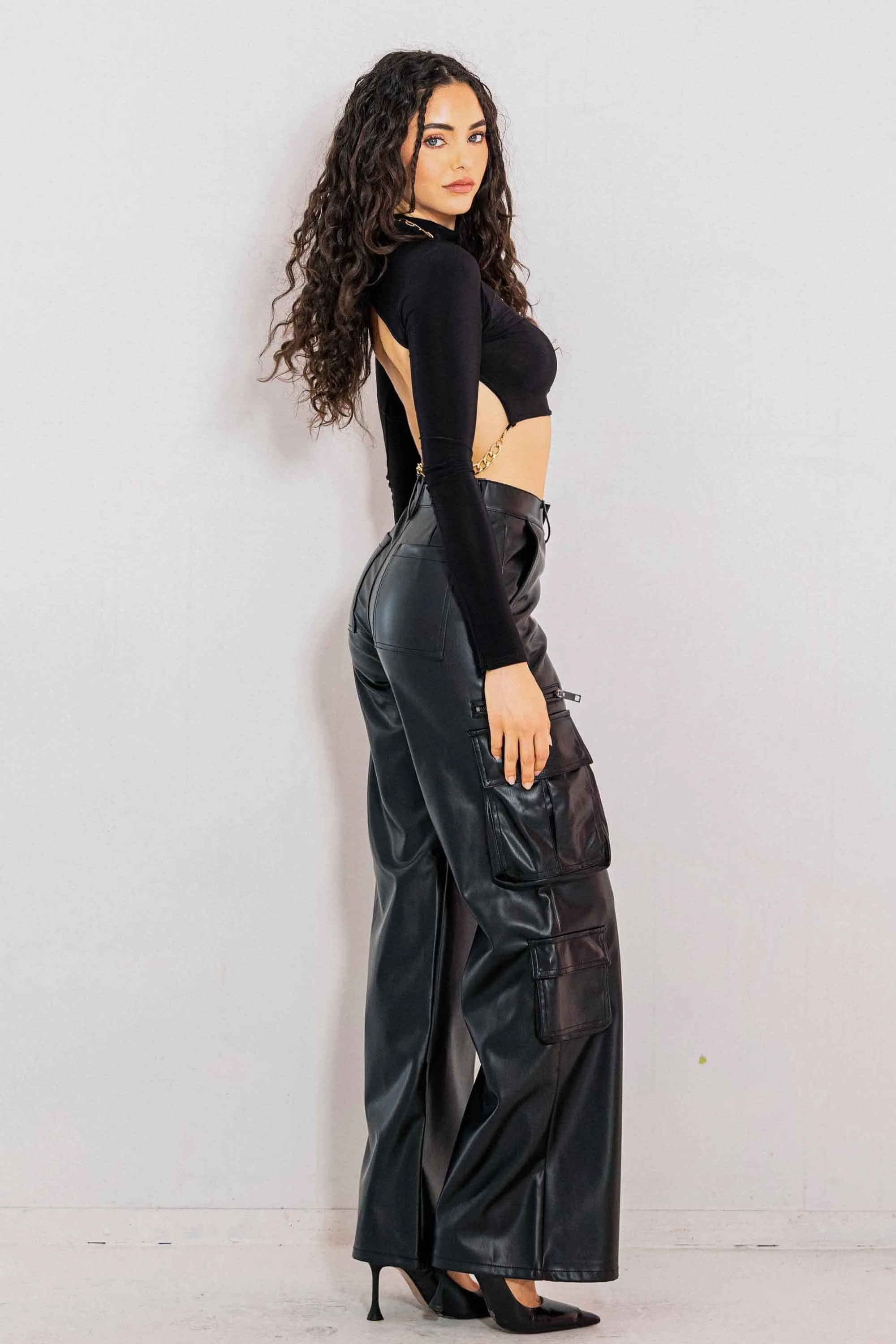 Vegan Leather Cargo Wide Leg Pants