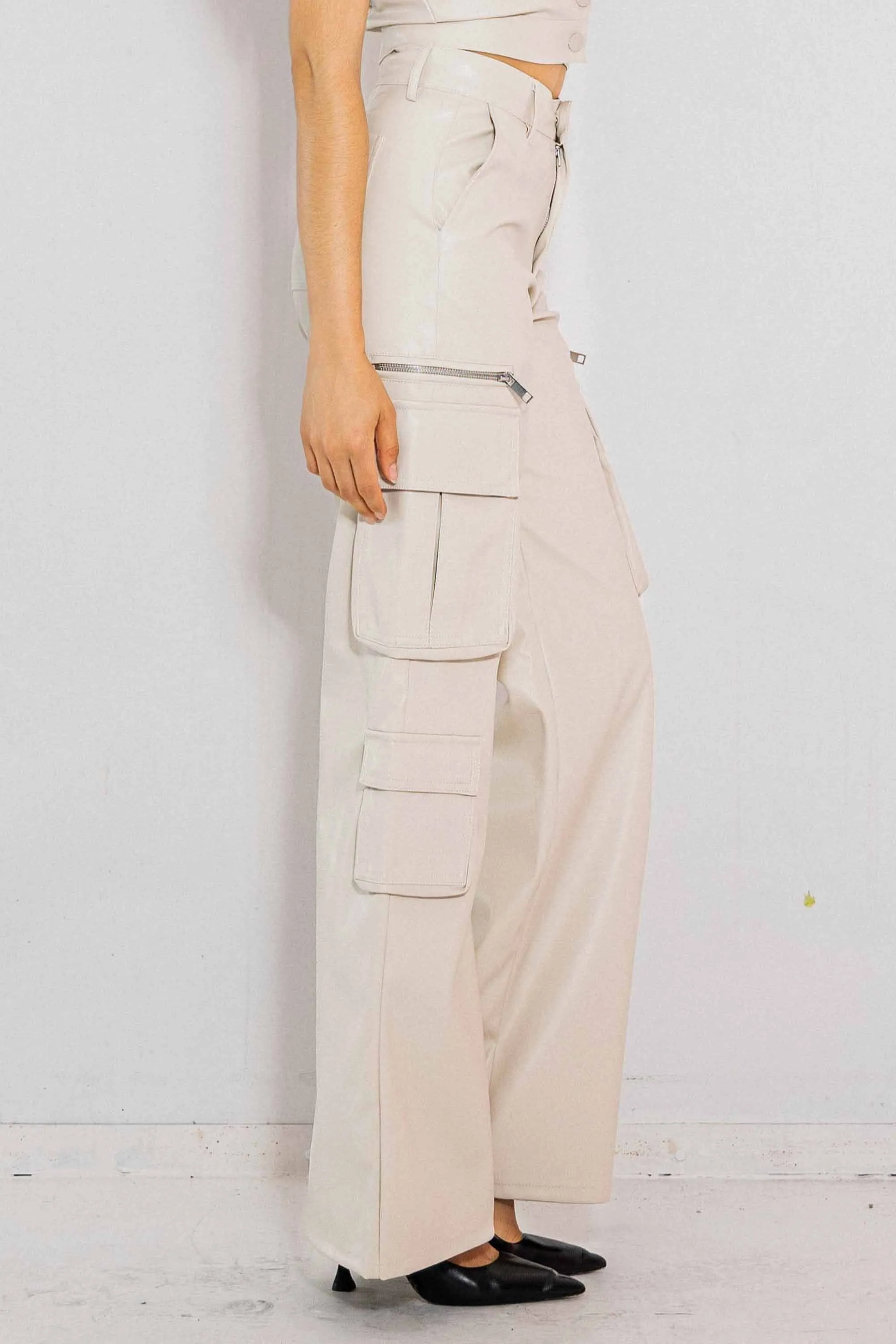 Vegan Leather Cargo Wide Leg Pants