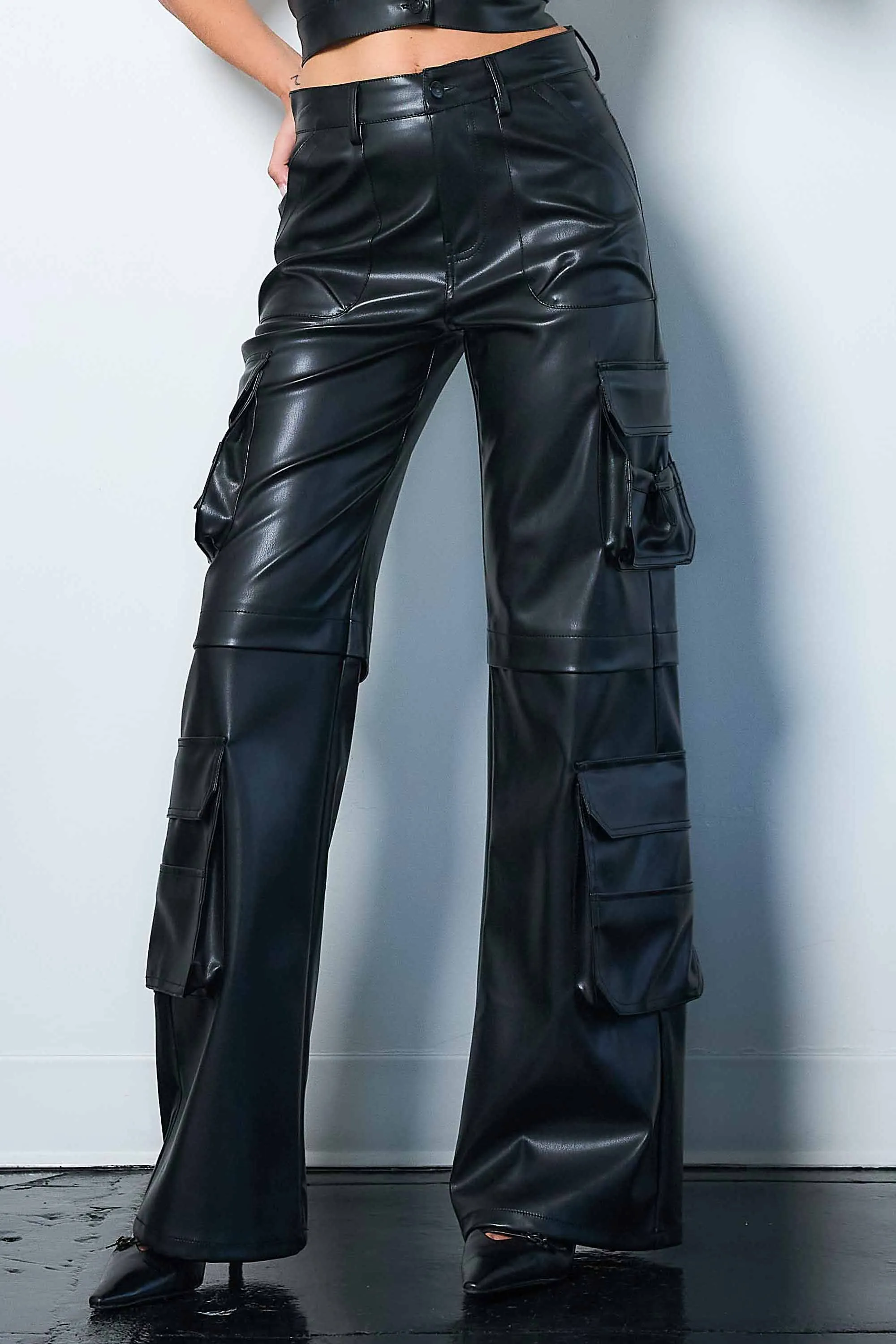 Vegan Leather Wide Fit Cargo Pants