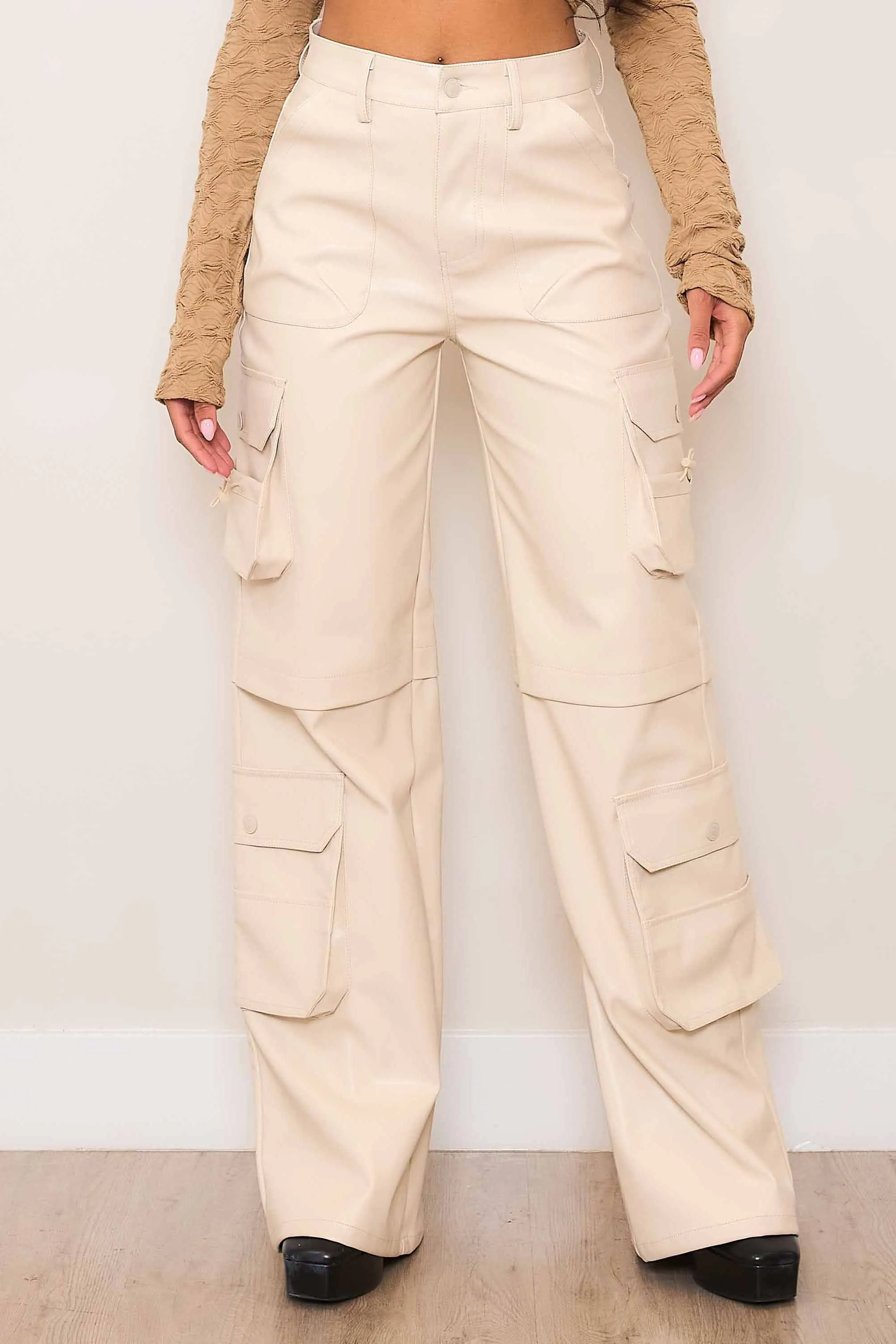 Vegan Leather Wide Fit Cargo Pants