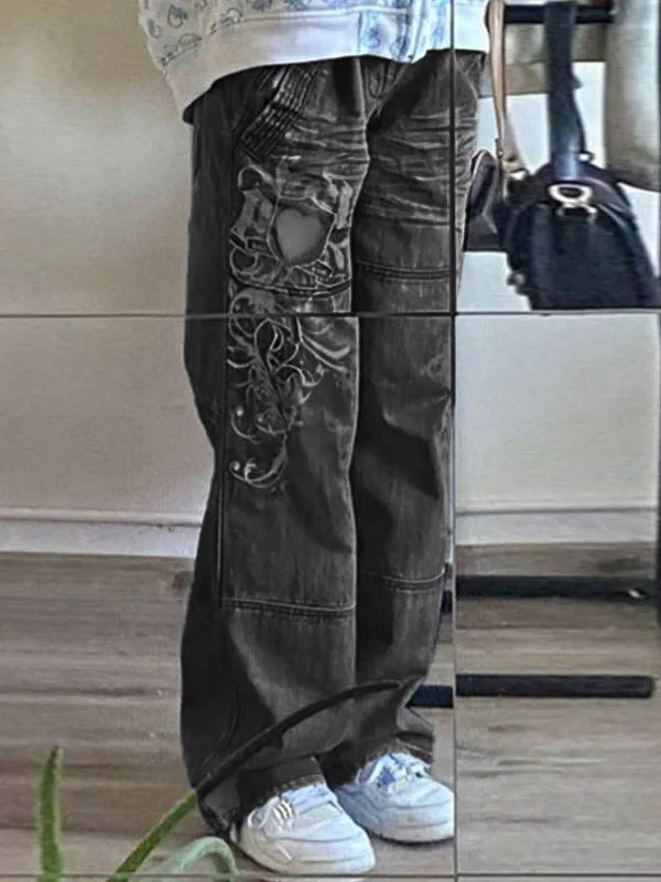 Wenkouban Y2K black cargo jeans with washed effect and heart print