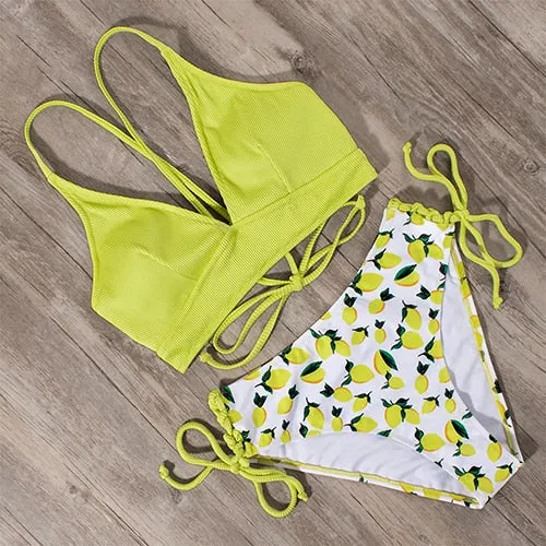 Women's Push-up Lace-up Backless Bikini Set in Multiple Prints