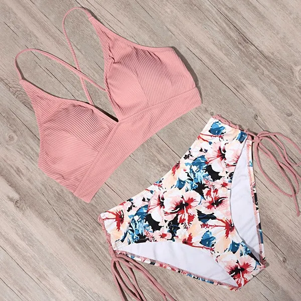 Women's Push-up Lace-up Backless Bikini Set in Multiple Prints